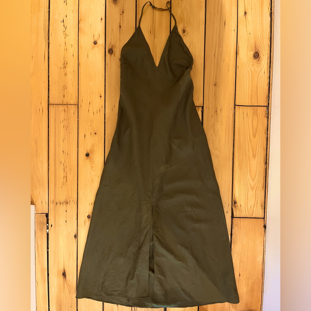 Army green halter dress, scoop back with ties, Frame, size 6